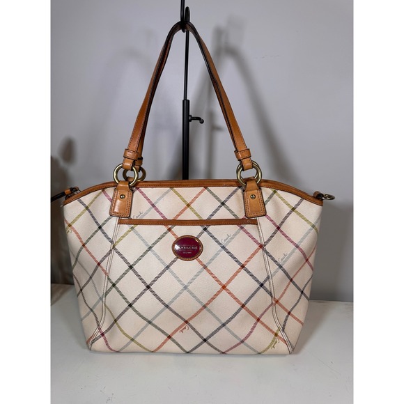 Coach Handbags - Coach Peyton Tattersall Tote Multicolor Plaid Cream Leather Trim F21924